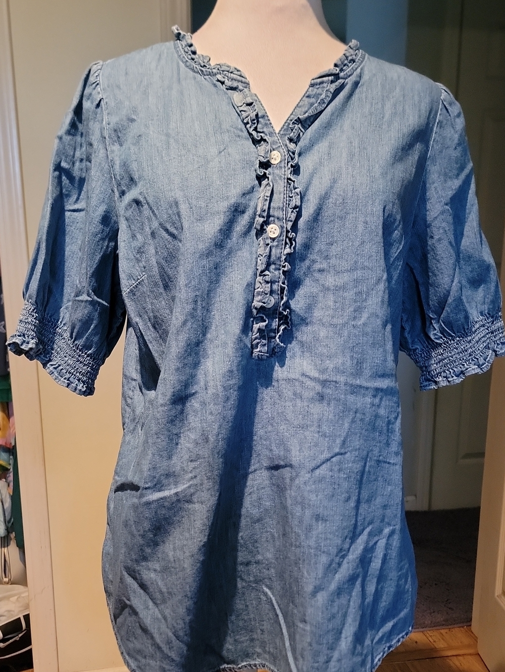 Talbots Women's Light Blue Chambray Ruffle V-Neck Top